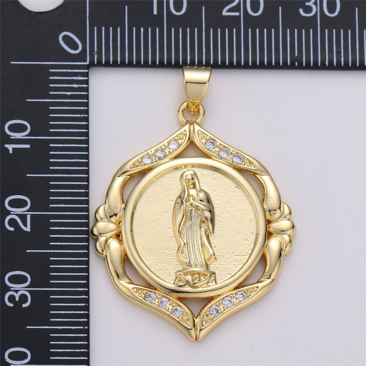 24k Gold Filled Virgin Mary Medallion Scalloped Edge 26mm - Religious Jewelry, Catholic Pendant, Saint Charm, 24K gf Lady Guadalupe Charm I-574