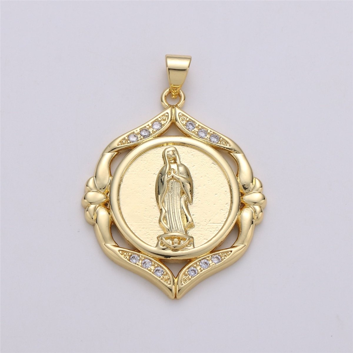 24k Gold Filled Virgin Mary Medallion Scalloped Edge 26mm - Religious Jewelry, Catholic Pendant, Saint Charm, 24K gf Lady Guadalupe Charm I-574