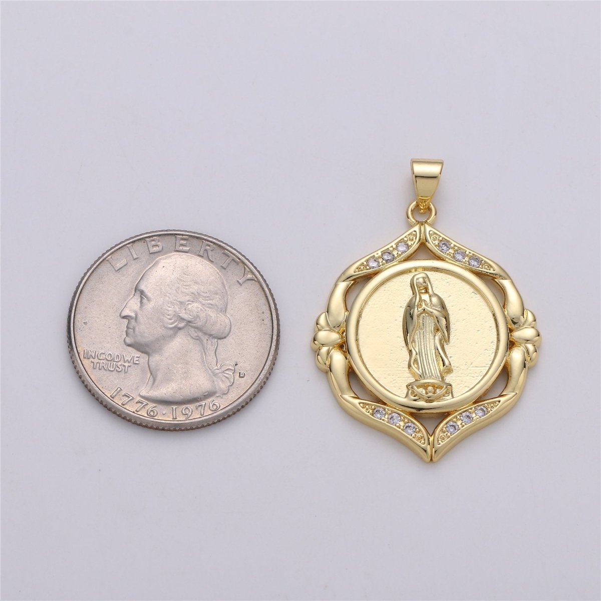 24k Gold Filled Virgin Mary Medallion Scalloped Edge 26mm - Religious Jewelry, Catholic Pendant, Saint Charm, 24K gf Lady Guadalupe Charm I-574