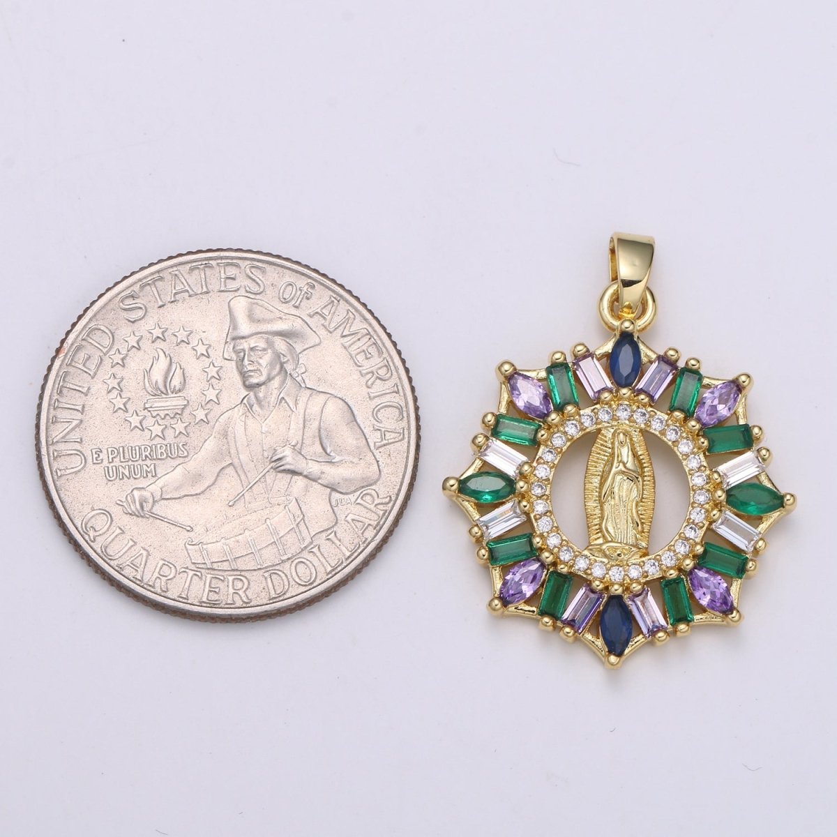 24K Gold Filled Virgin Mother Mary Pendant Micro Pave Baguette Lady of Guadalupe Medallion Necklace Charm for Religious Jewelry J-262