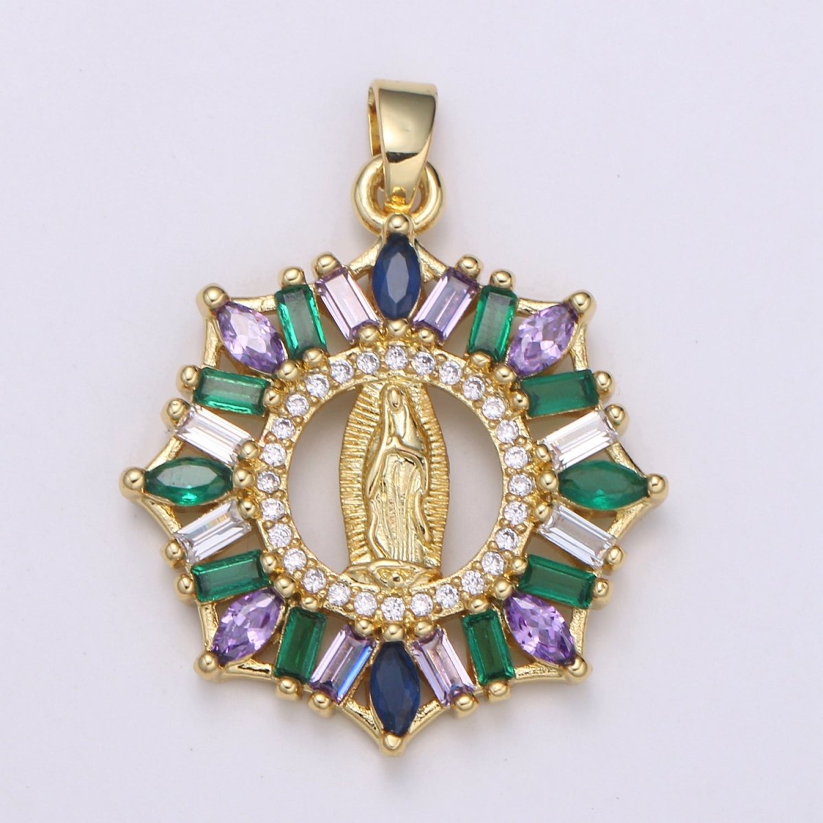 24K Gold Filled Virgin Mother Mary Pendant Micro Pave Baguette Lady of Guadalupe Medallion Necklace Charm for Religious Jewelry J-262