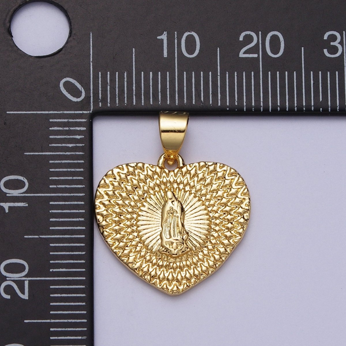 24K Gold Filled Virgin Mother Mary Sunburst Textured Heart Pendant H-413