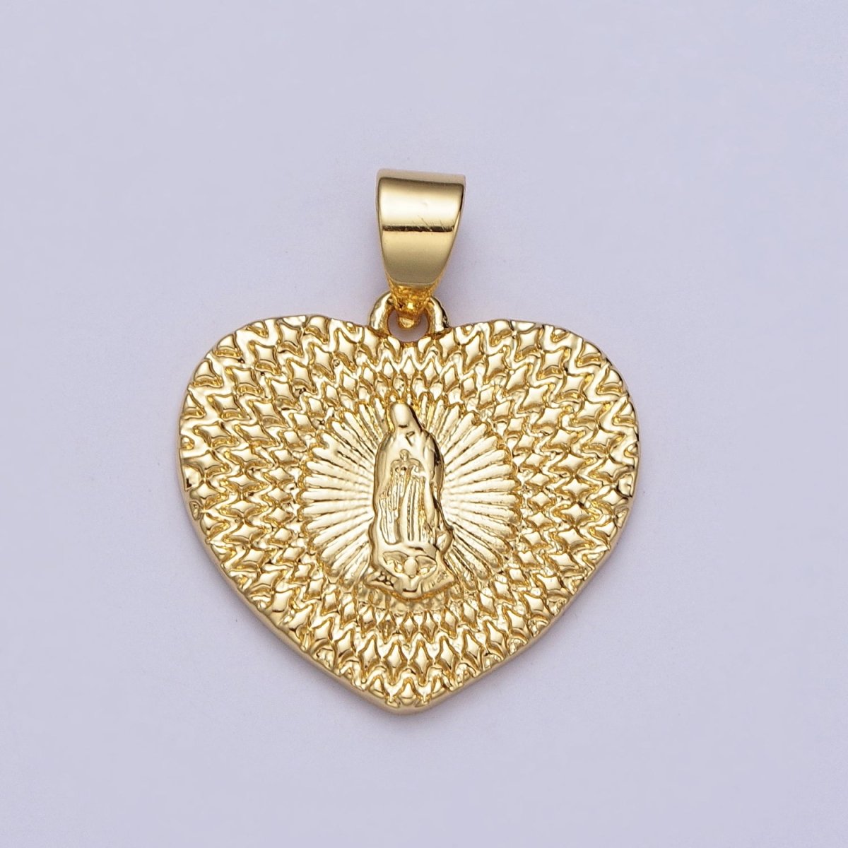 24K Gold Filled Virgin Mother Mary Sunburst Textured Heart Pendant H-413