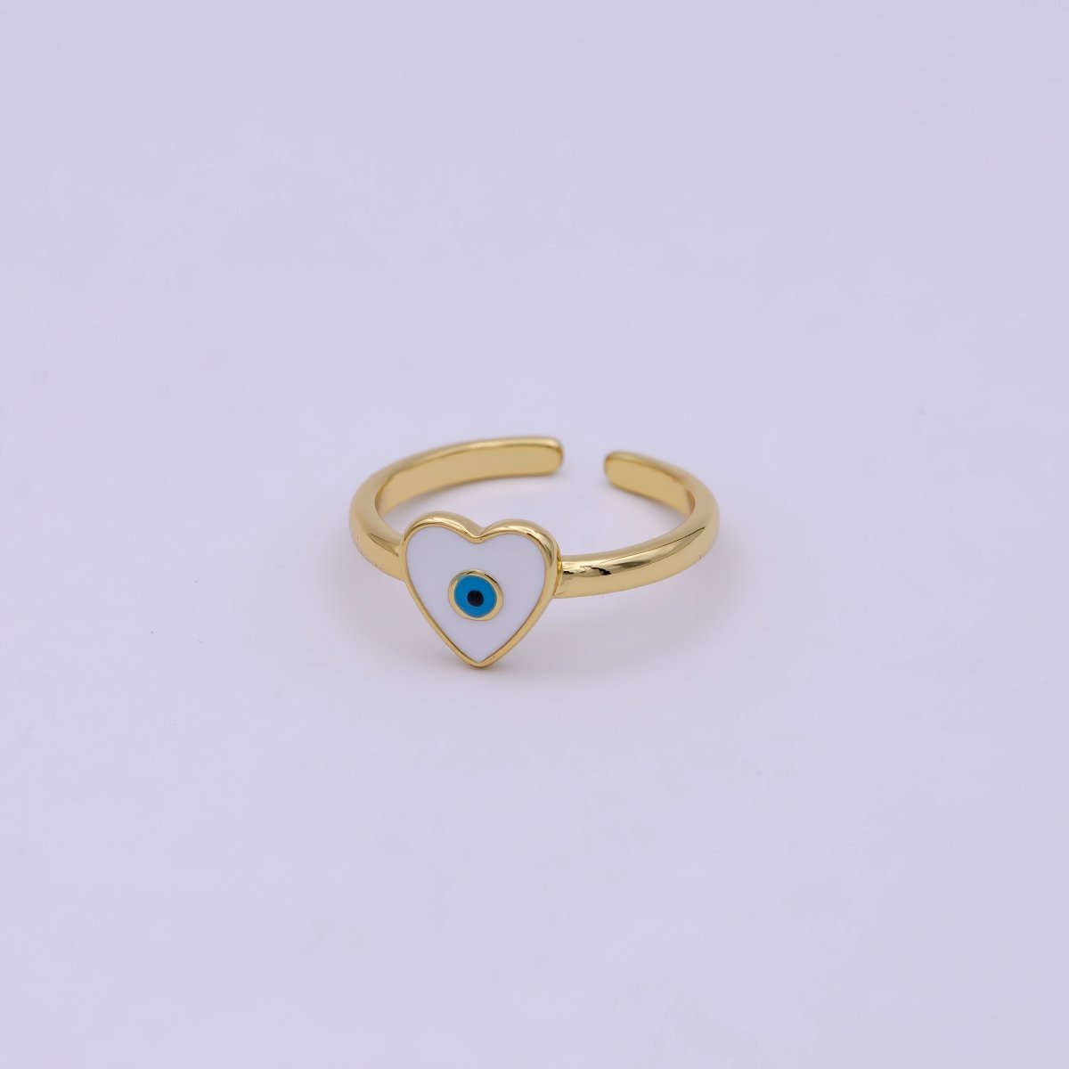24K Gold Filled White, Navy Blue Enamel Heart Evil Eye Adjustable Ring | U-407 U-443