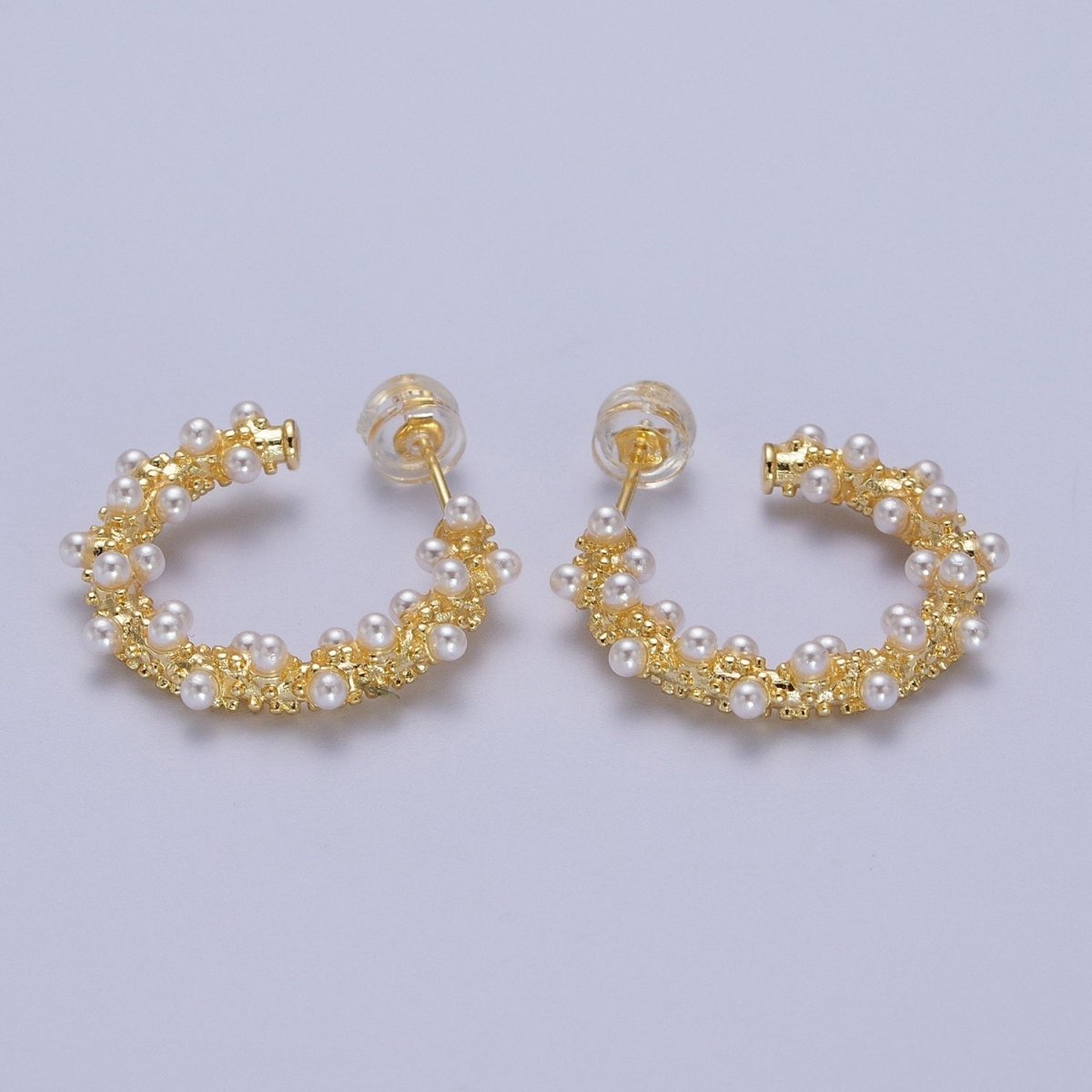 24K Gold Filled White Pearl Beaded C-Shaped Stud Hoop Earrings | AD-228