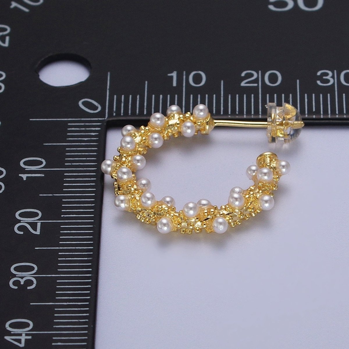 24K Gold Filled White Pearl Beaded C-Shaped Stud Hoop Earrings | AD-228