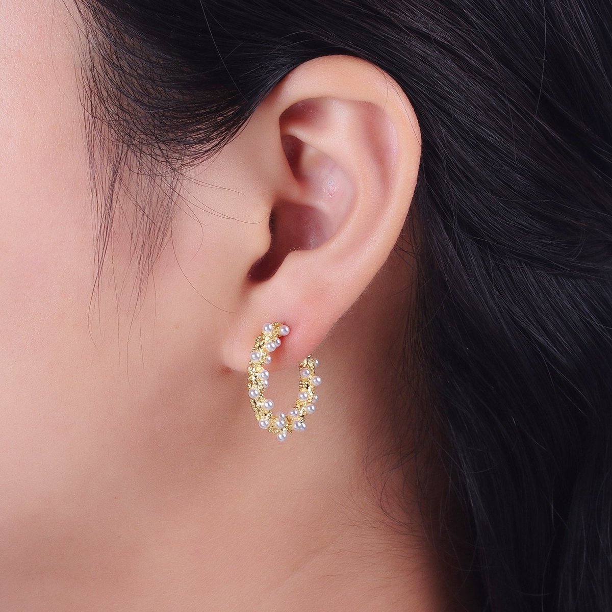 24K Gold Filled White Pearl Beaded C-Shaped Stud Hoop Earrings | AD-228