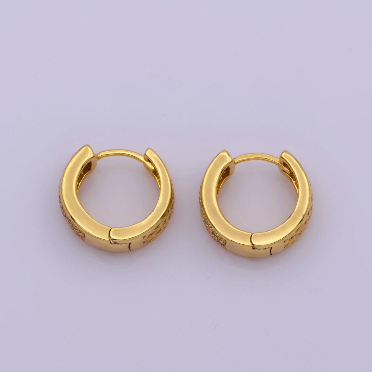 24K Gold Filled Wide Dome Micro Paved CZ 16.5mm Huggie Hoop Earrings | AE-530