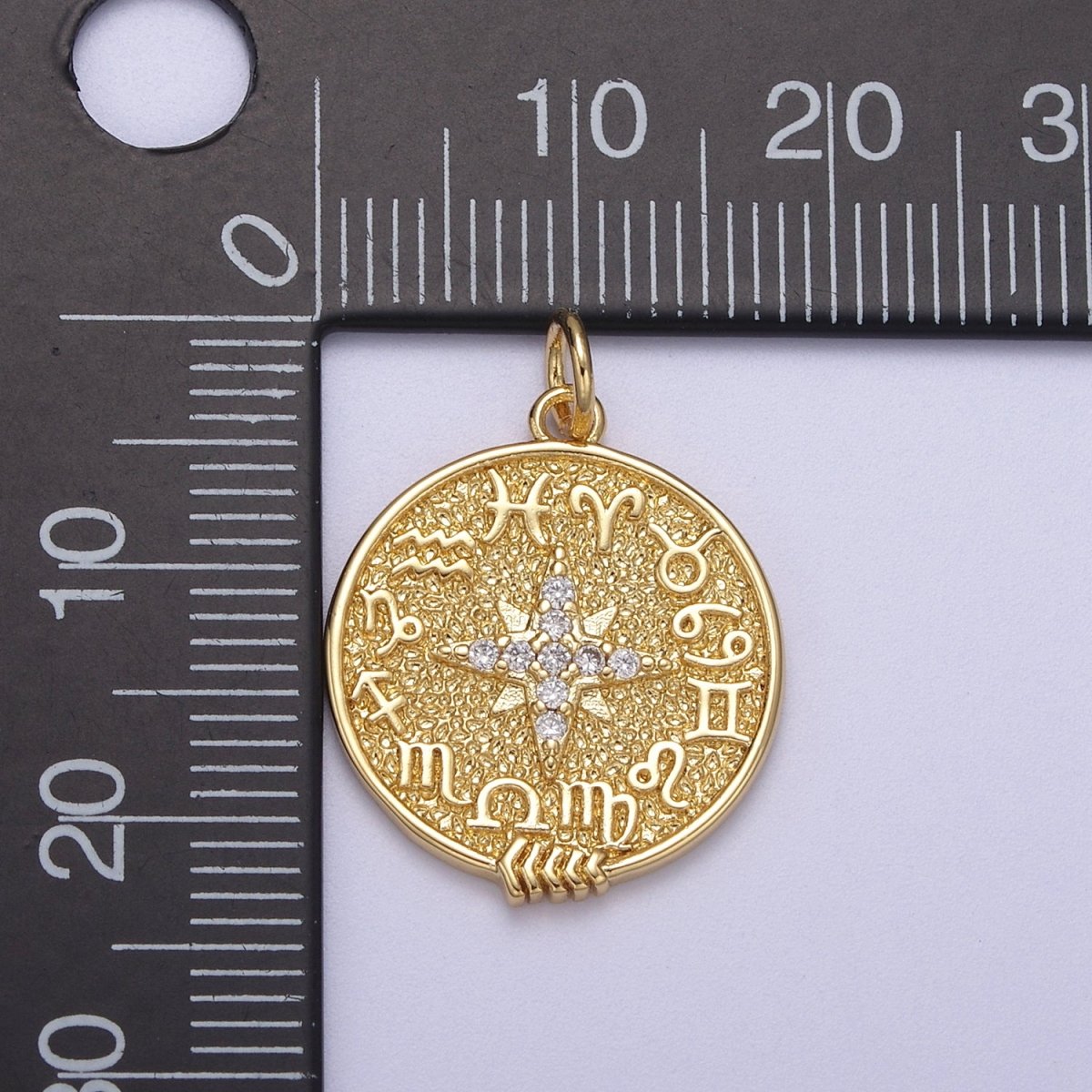 24K Gold Filled CZ North Star Sign Zodiac Horoscope Round Charm | C340