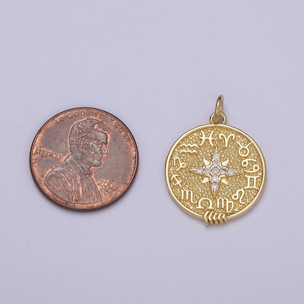 24K Gold Filled CZ North Star Sign Zodiac Horoscope Round Charm | C340
