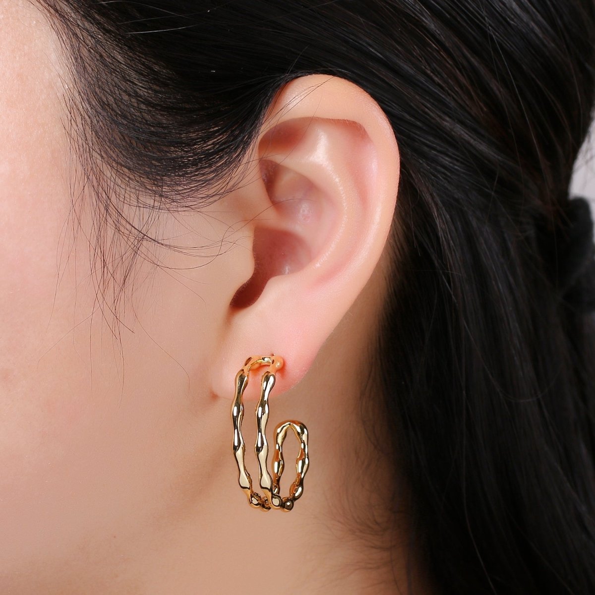 24k Gold Hoop Earring Jewelry, Chunky Hoop Earrings, Gold Hammered Hoops, 28x33mm Hoop Earrings Q-426