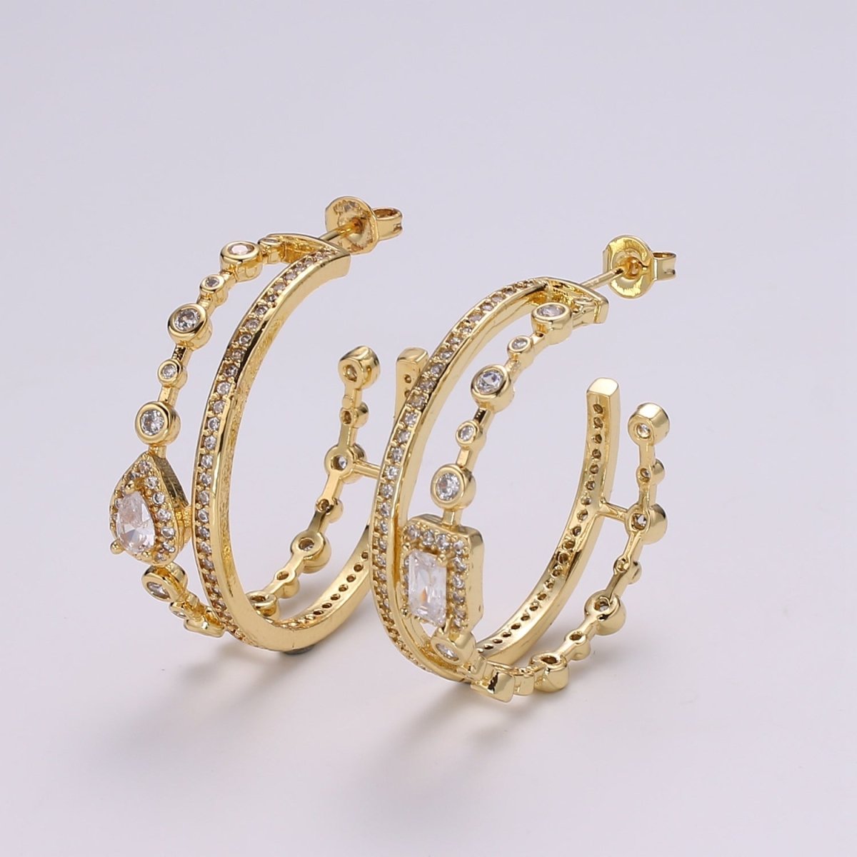 OS 24K Gold Hoop Earring - Mismatched Hoop Earring - Geometric Cz hoop earring for women - Large Hoop 30MM Earring gift idea P-057