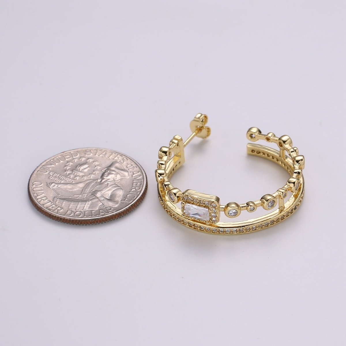 OS 24K Gold Hoop Earring - Mismatched Hoop Earring - Geometric Cz hoop earring for women - Large Hoop 30MM Earring gift idea P-057