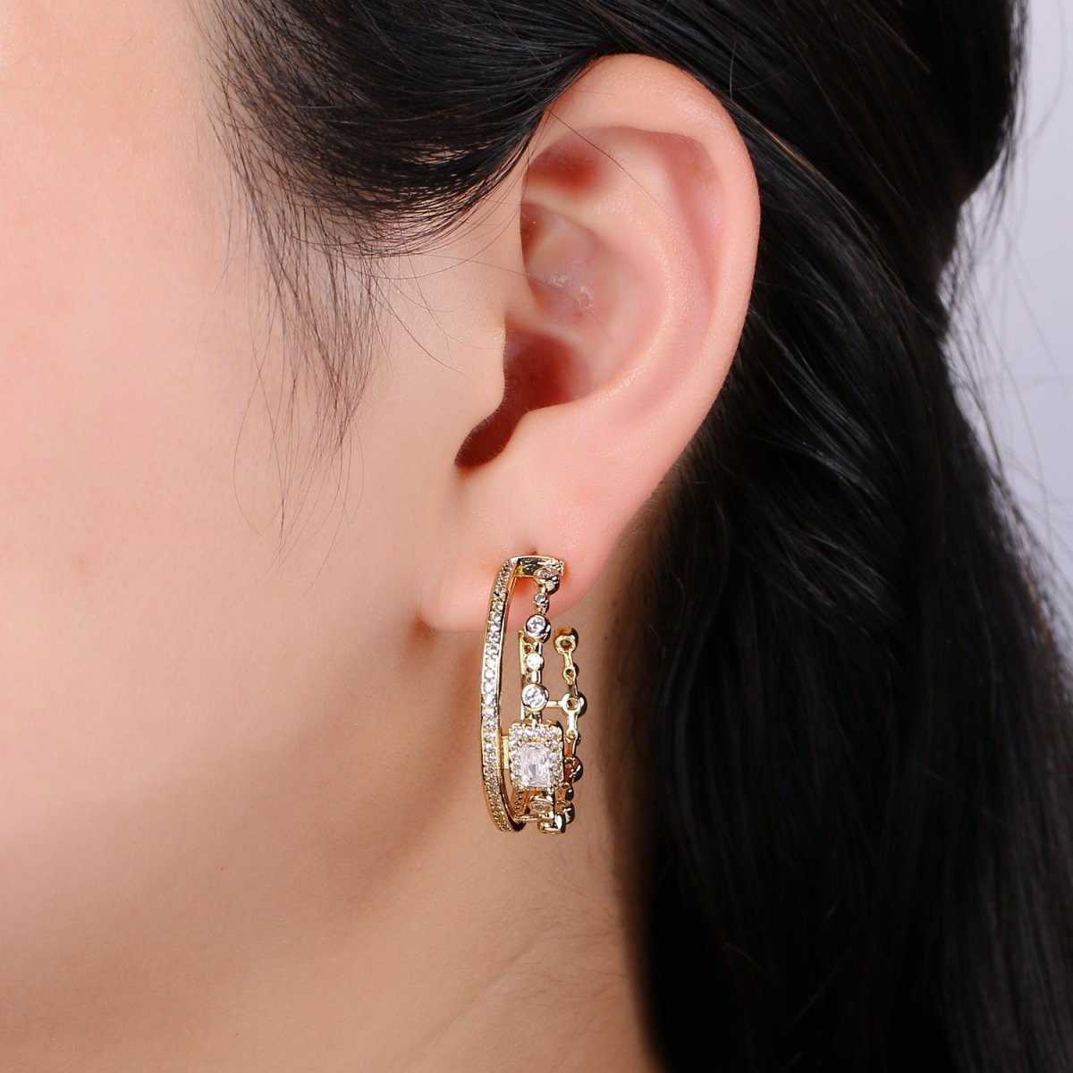 OS 24K Gold Hoop Earring - Mismatched Hoop Earring - Geometric Cz hoop earring for women - Large Hoop 30MM Earring gift idea P-057