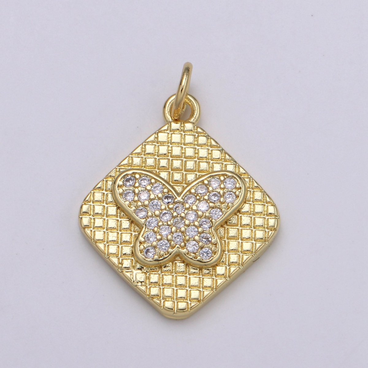 24K Gold Micro Pave Butterfly Charm Cubic Zirconia Mariposa Pendant Charm Square Plate CZ Moth Charm E-148