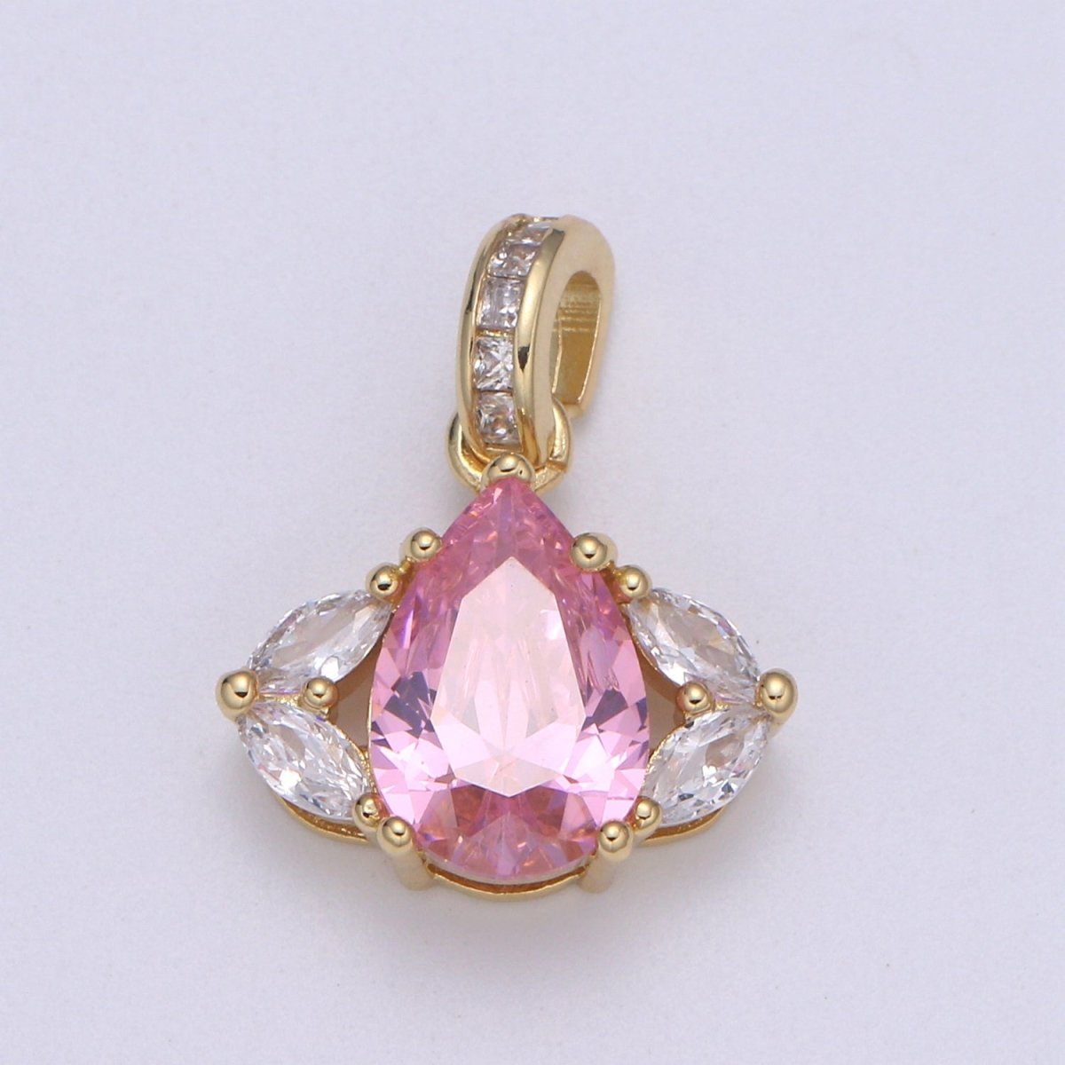 24k Gold Micro Pave CZ Evil Eye Pendant Charm, Pink Tear drop CZ Pendant Charm, Micro Pave Cubic Bail For DIY Jewelry making H-647