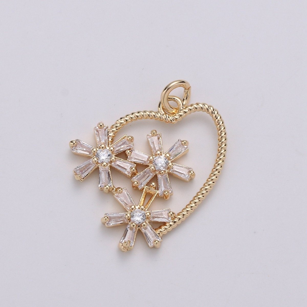 24K Gold Plated Baguette CZ Flowery Heart Pendant Charm, Daisy Hearts CZ Charm, Gold Filled Twist Rope Heart Pendant  E-563
