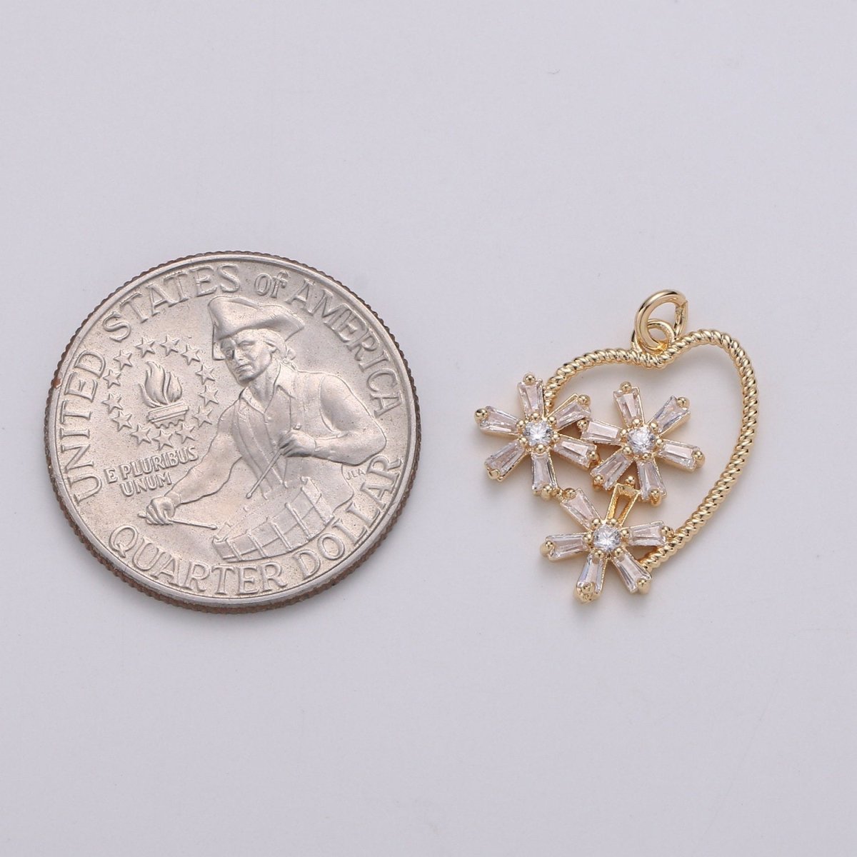 24K Gold Plated Baguette CZ Flowery Heart Pendant Charm, Daisy Hearts CZ Charm, Gold Filled Twist Rope Heart Pendant  E-563