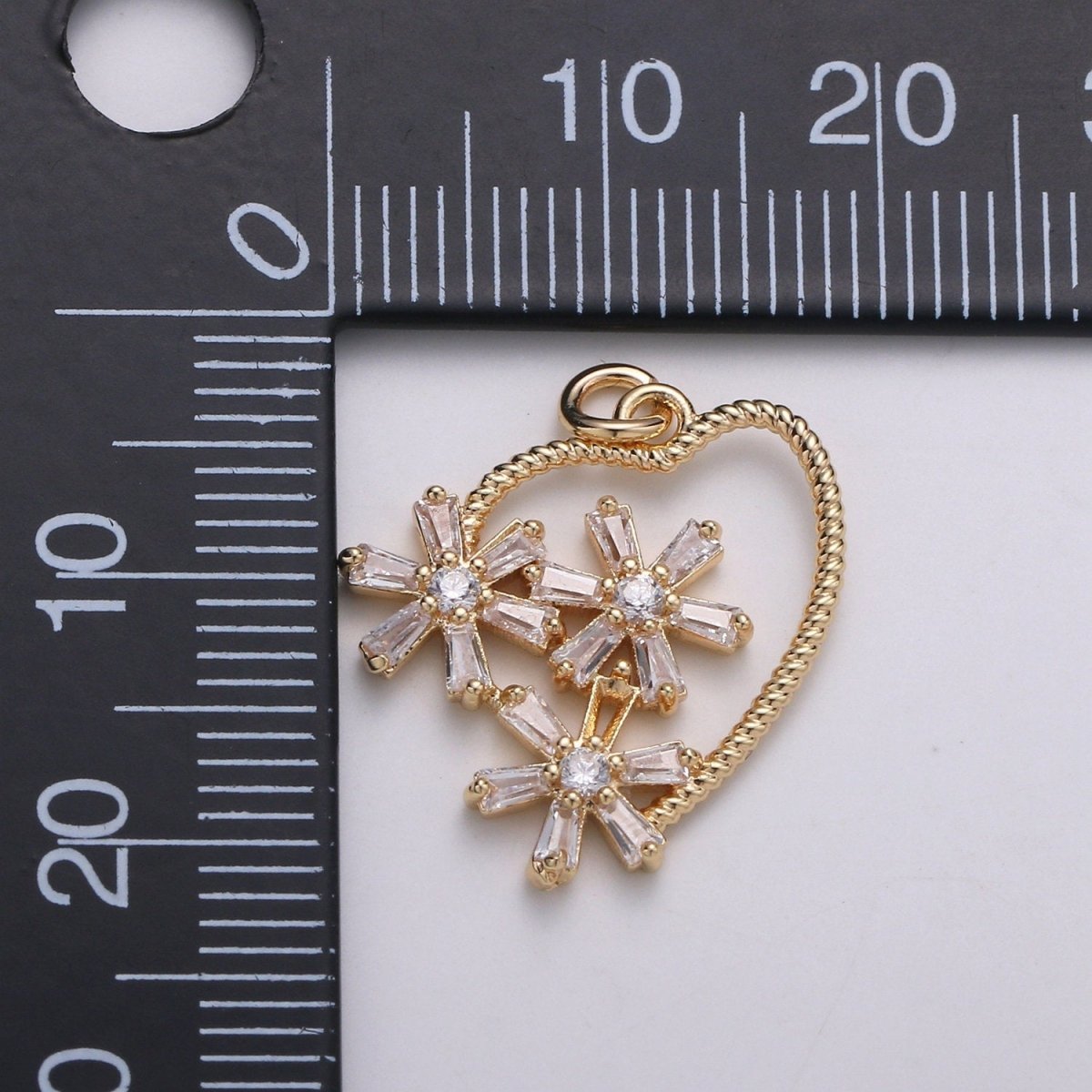 24K Gold Plated Baguette CZ Flowery Heart Pendant Charm, Daisy Hearts CZ Charm, Gold Filled Twist Rope Heart Pendant  E-563