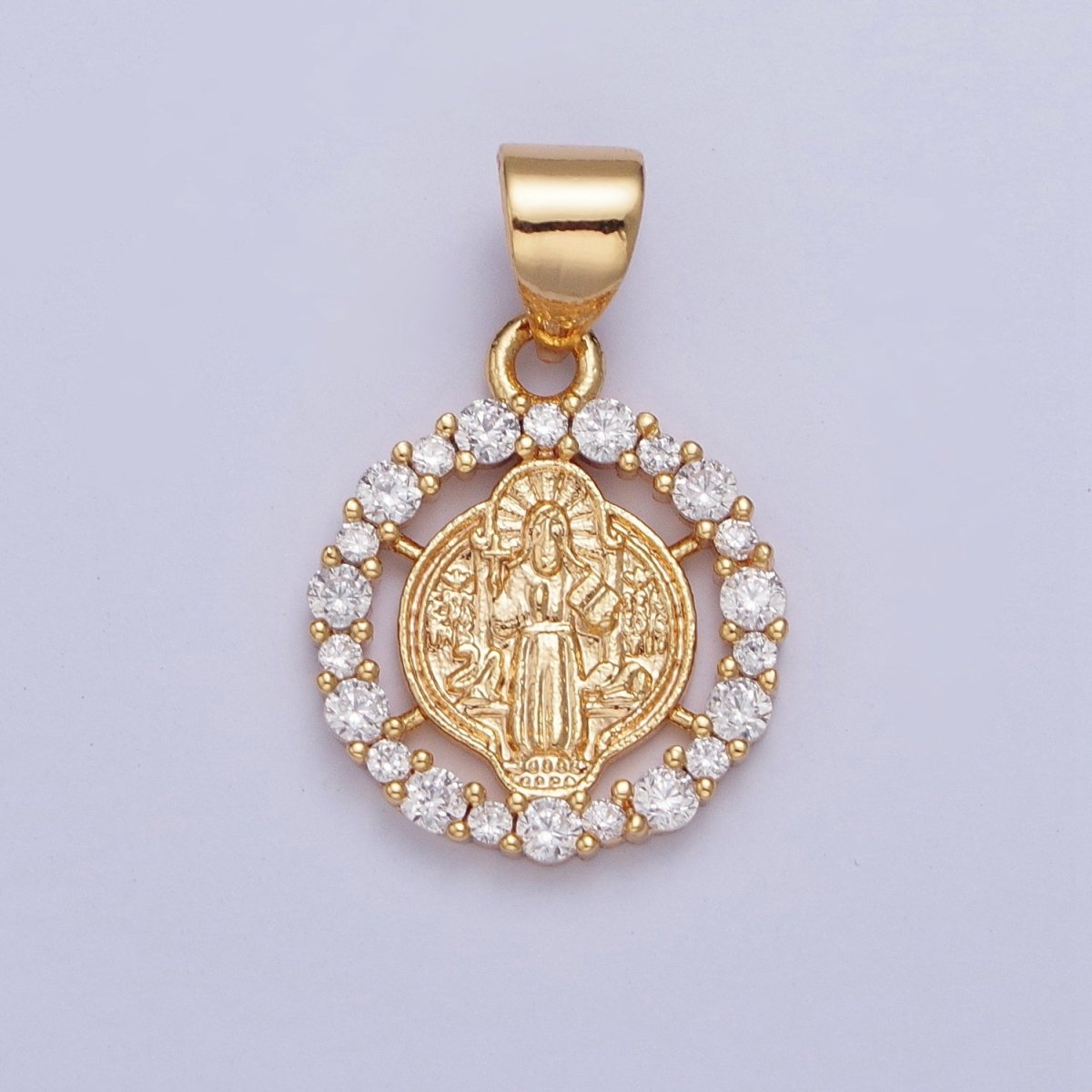 24K Gold Plated St Benedict Medallion, Micro Pave Clear Cubic Zirconia CZ Religious Saint Open Round Charm X-447