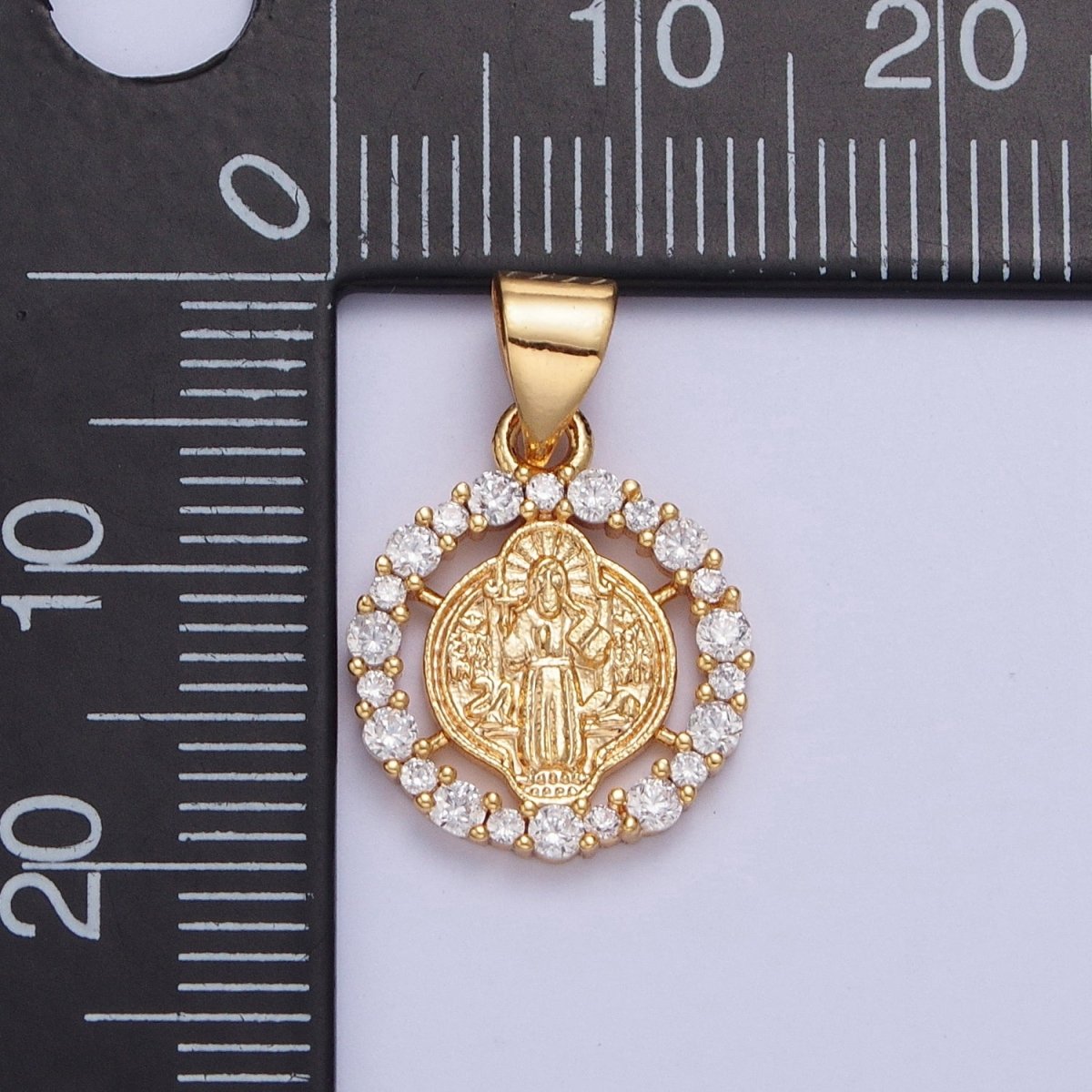 24K Gold Plated St Benedict Medallion, Micro Pave Clear Cubic Zirconia CZ Religious Saint Open Round Charm X-447