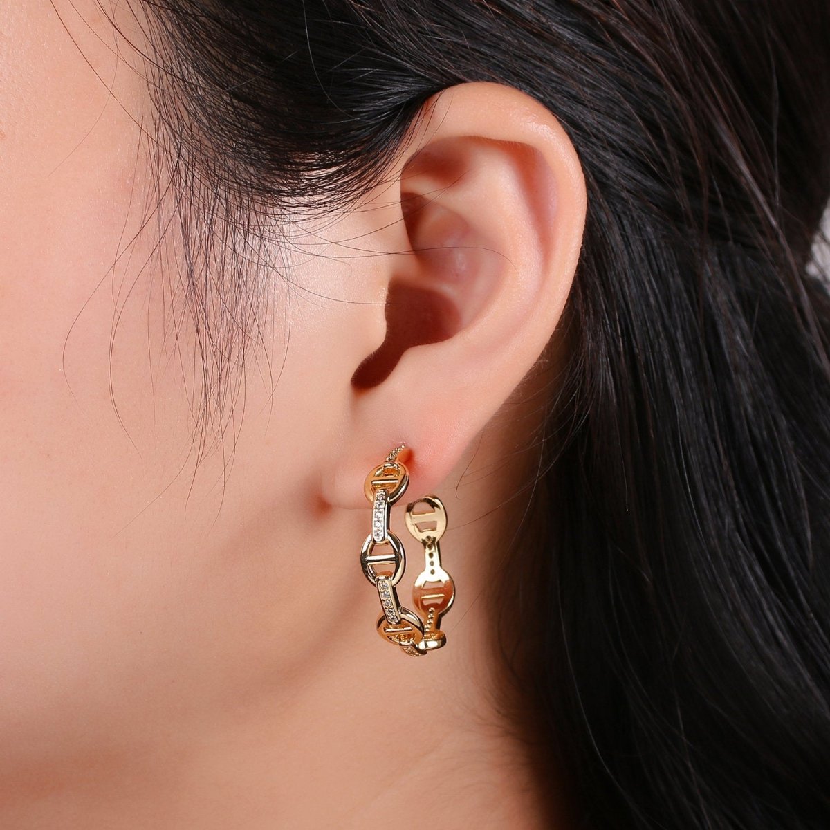 24K Gold Vermeil Mariner's Link Chain Earrings Gold Hoops Earring with CZ Cubic Zirconia Q-119