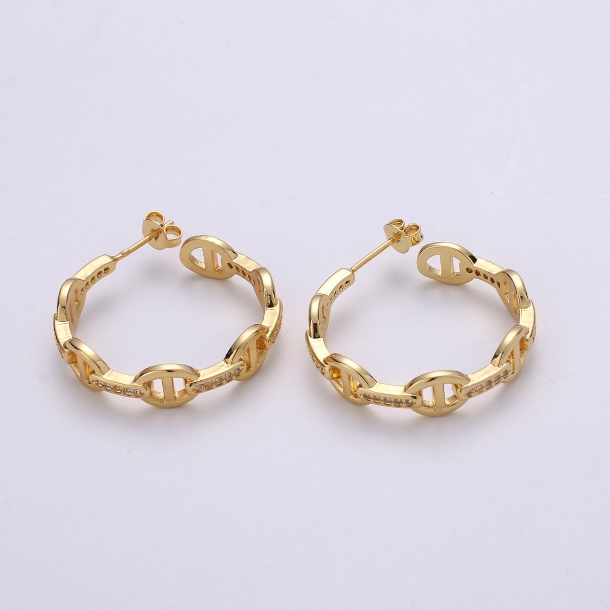 24K Gold Vermeil Mariner's Link Chain Earrings Gold Hoops Earring with CZ Cubic Zirconia Q-119