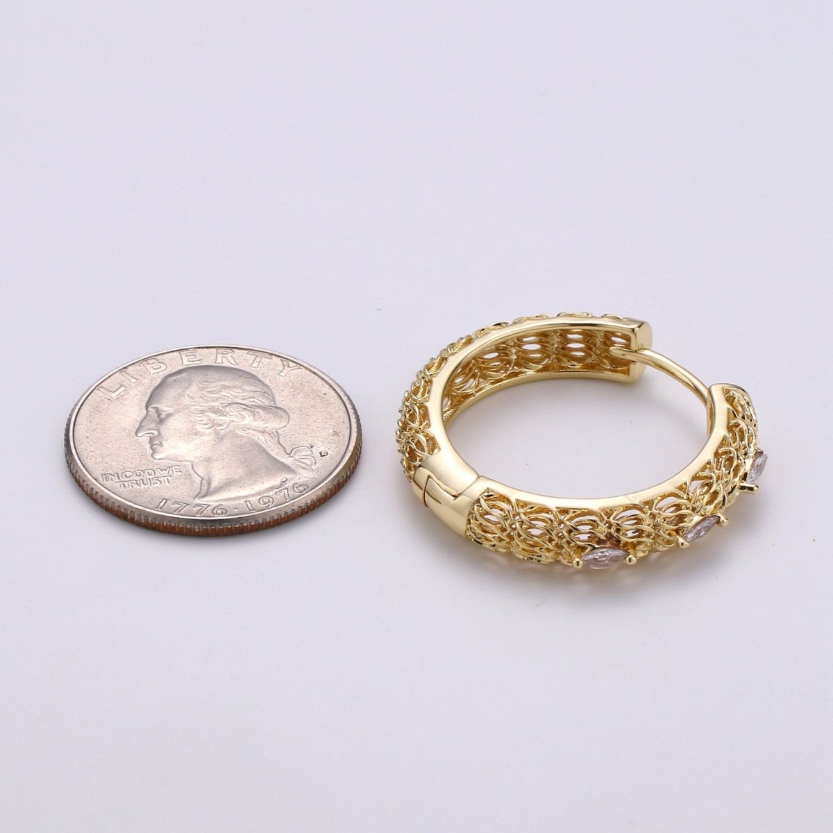 24k Vermeil Bold Earrings, Chunky Hoop Earring, Statement Earrings, Fancy CZ Earrings, Everyday Wear Earrings 30mm Earring Q-285
