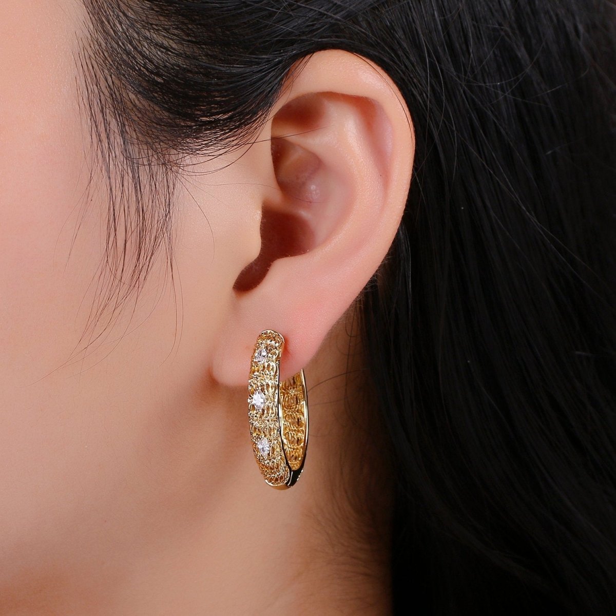 24k Vermeil Bold Earrings, Chunky Hoop Earring, Statement Earrings, Fancy CZ Earrings, Everyday Wear Earrings 30mm Earring Q-285