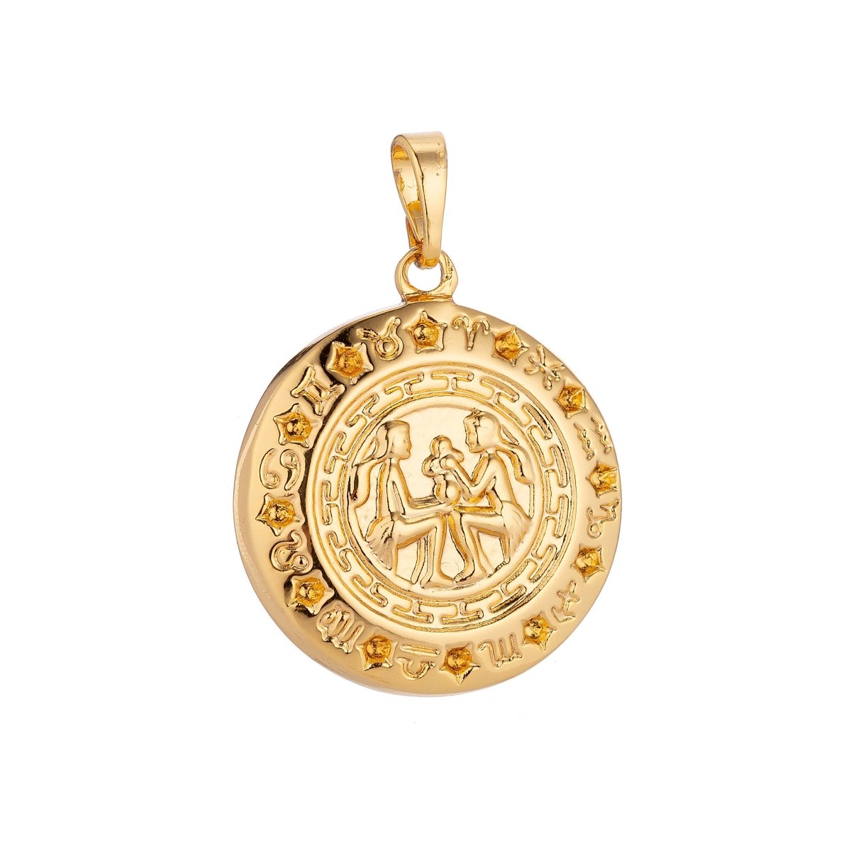 24k Yellow Gold Filled Gemini Zodiac Charm Coin Medallion for Layer Necklace Pendant Findings Trendy Jewelry Making Supplies H-615