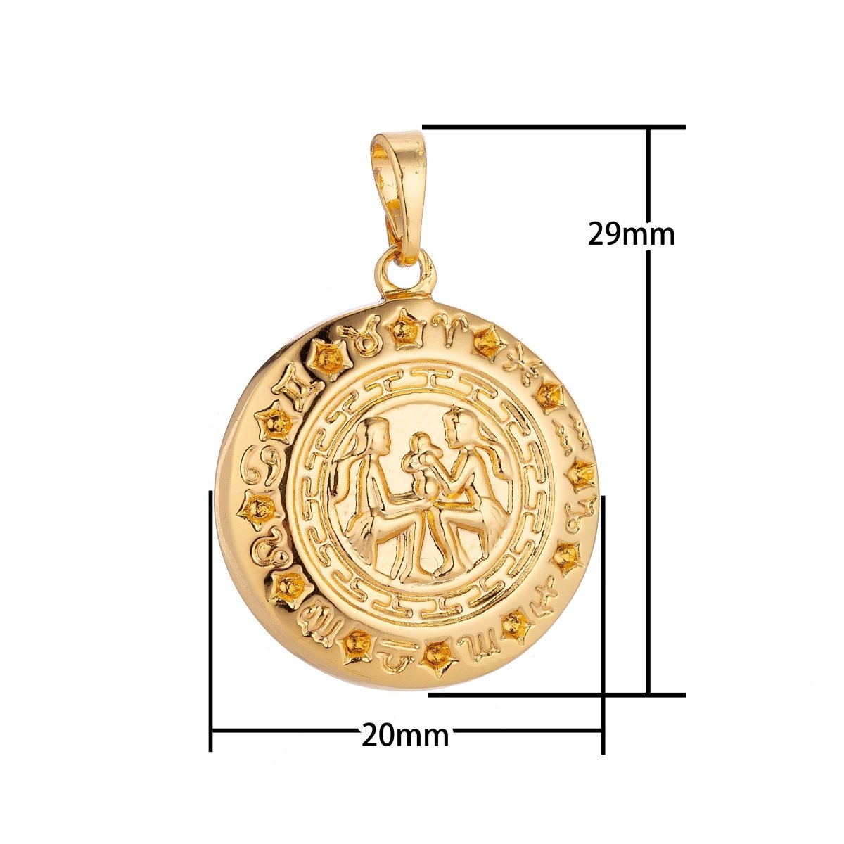 24k Yellow Gold Filled Gemini Zodiac Charm Coin Medallion for Layer Necklace Pendant Findings Trendy Jewelry Making Supplies H-615