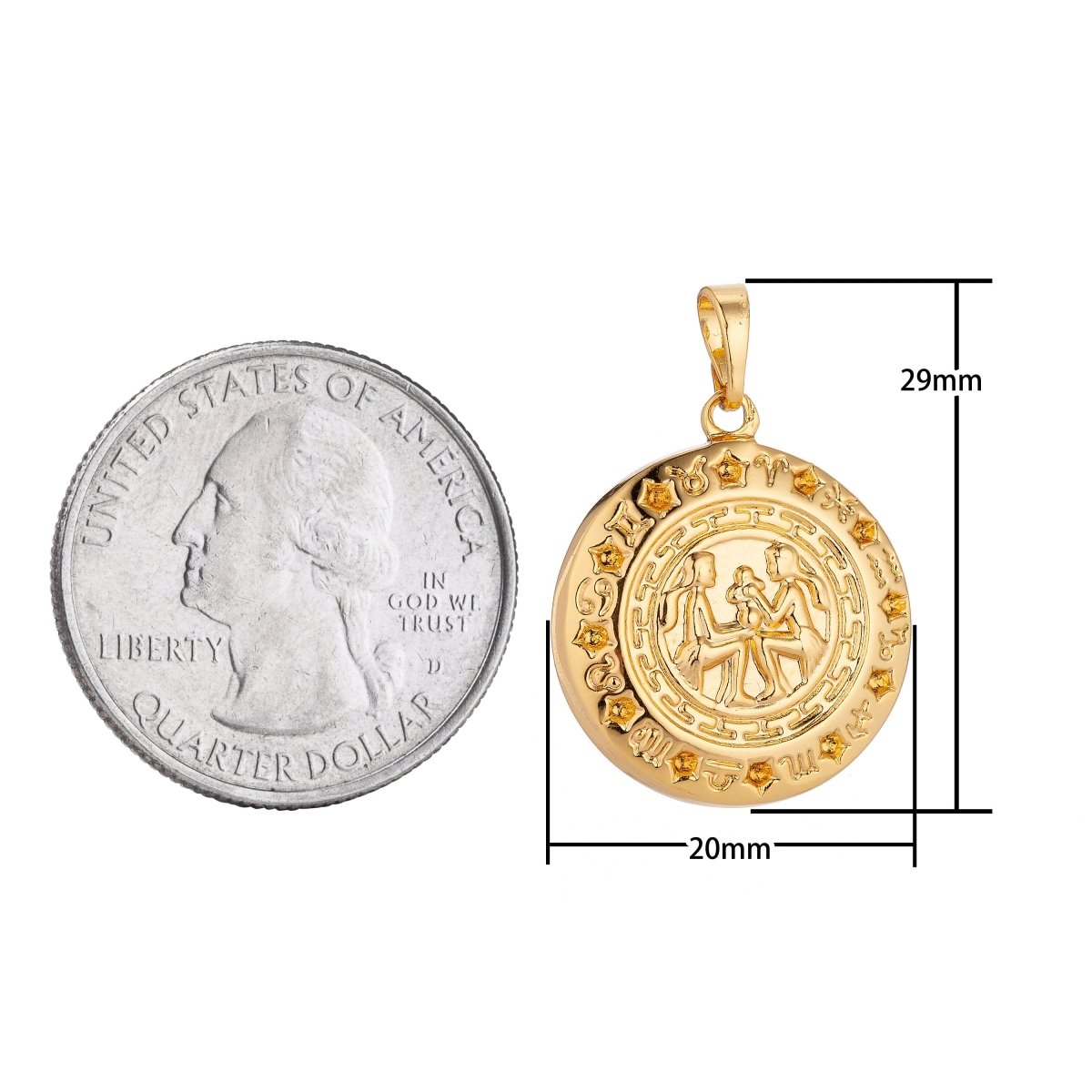 24k Yellow Gold Filled Gemini Zodiac Charm Coin Medallion for Layer Necklace Pendant Findings Trendy Jewelry Making Supplies H-615
