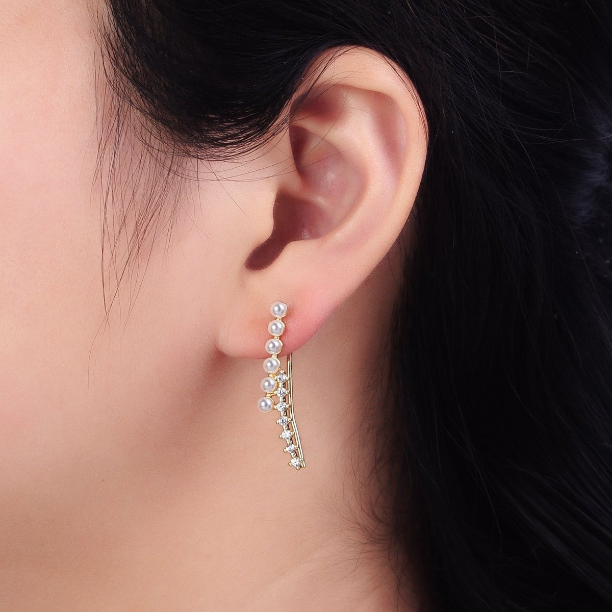 24KGold Filled Round White Pearl Clear CZ Curved Lined Earring Climber | AB384