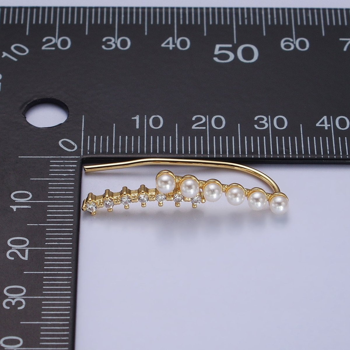 24KGold Filled Round White Pearl Clear CZ Curved Lined Earring Climber | AB384