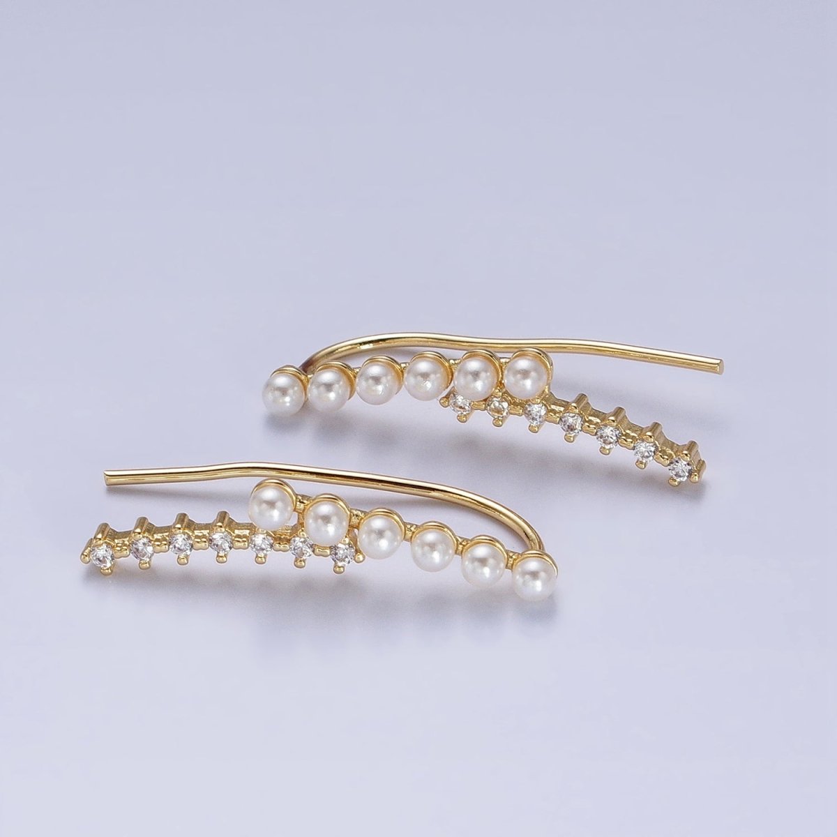24KGold Filled Round White Pearl Clear CZ Curved Lined Earring Climber | AB384