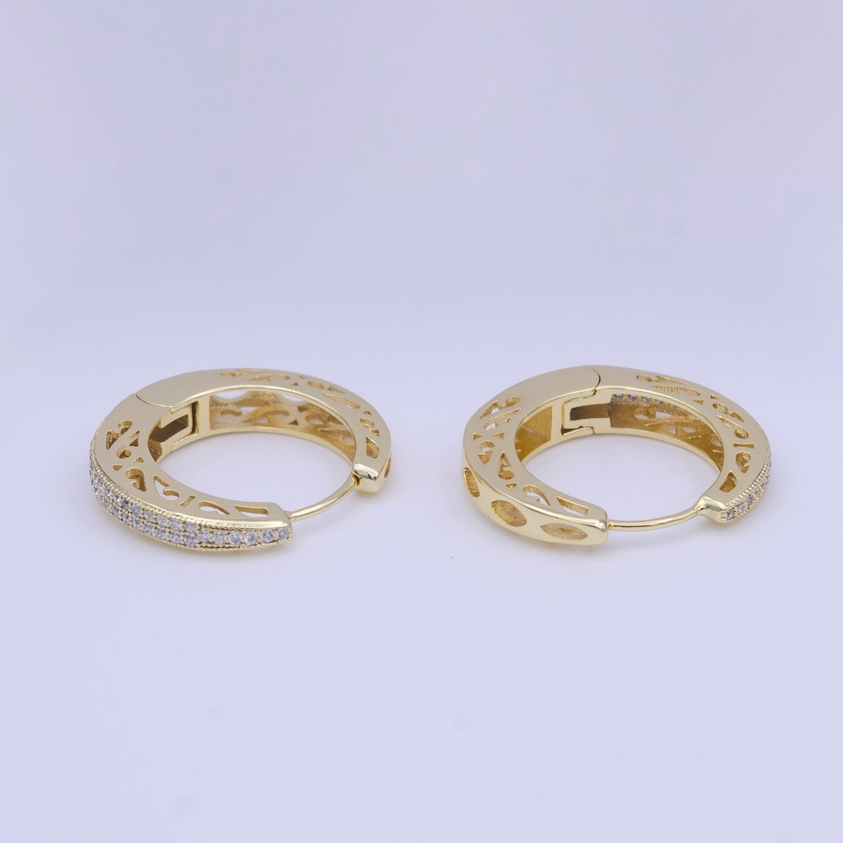 25mm Gold Micro Paved CZ Filigree Sided Gold Huggie Hoop Earrings | AD-213