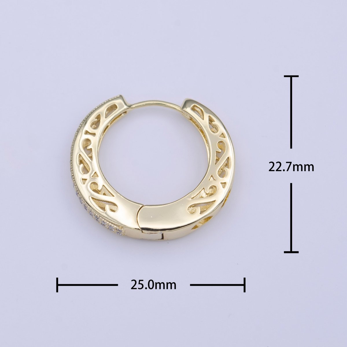 25mm Gold Micro Paved CZ Filigree Sided Gold Huggie Hoop Earrings | AD-213