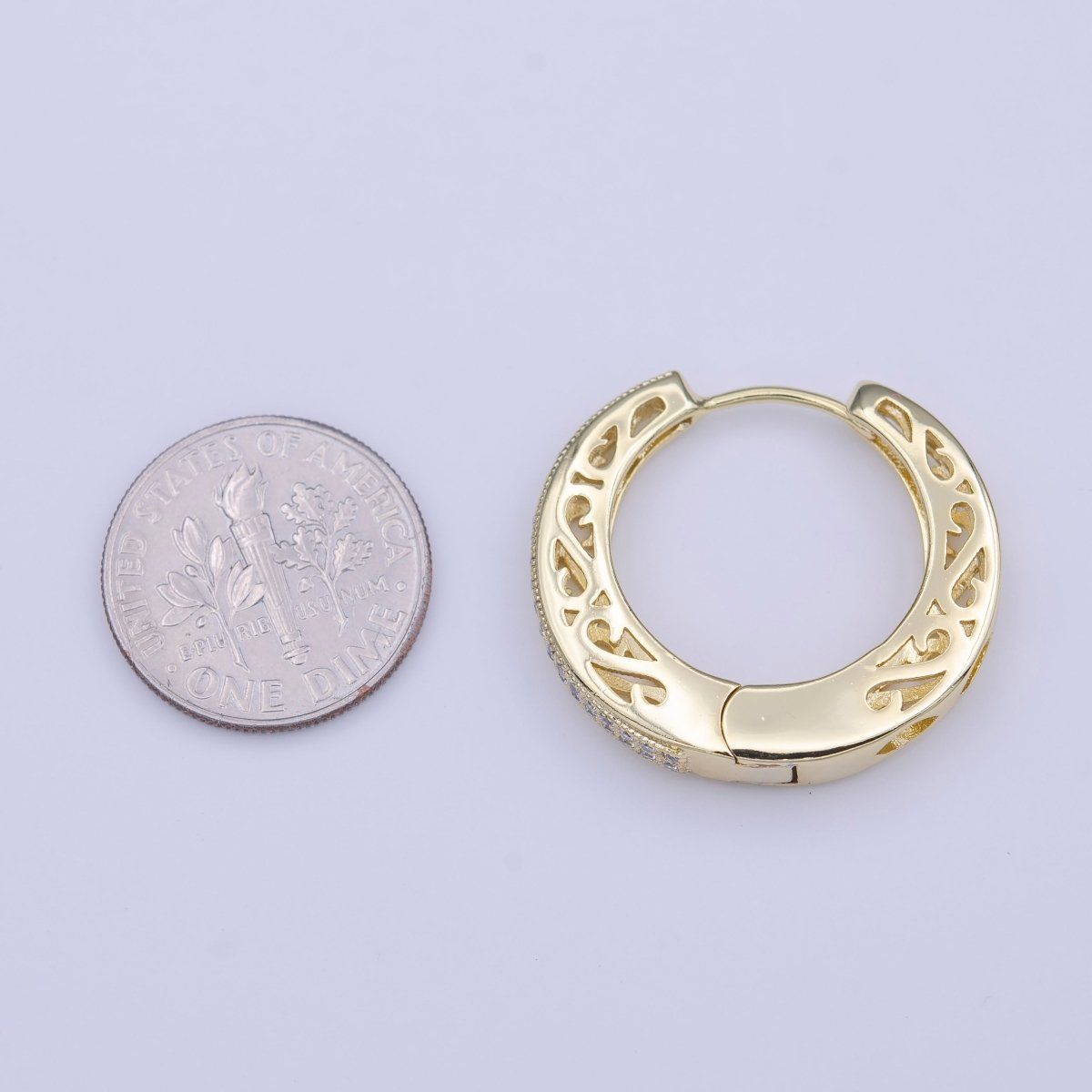 25mm Gold Micro Paved CZ Filigree Sided Gold Huggie Hoop Earrings | AD-213