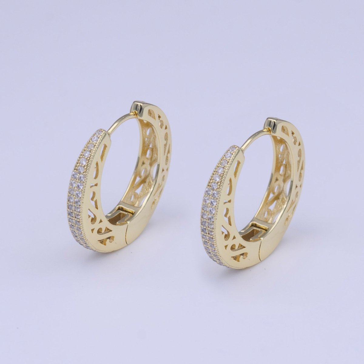 25mm Gold Micro Paved CZ Filigree Sided Gold Huggie Hoop Earrings | AD-213