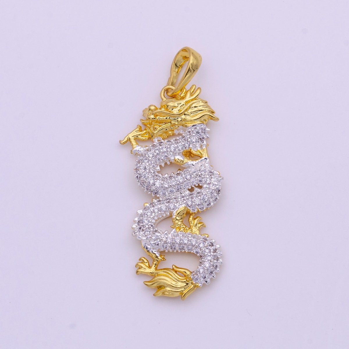 2tone Color Gold Silver Micro Paved CZ Chinese Dragon Mixed Metal Pendant I-619
