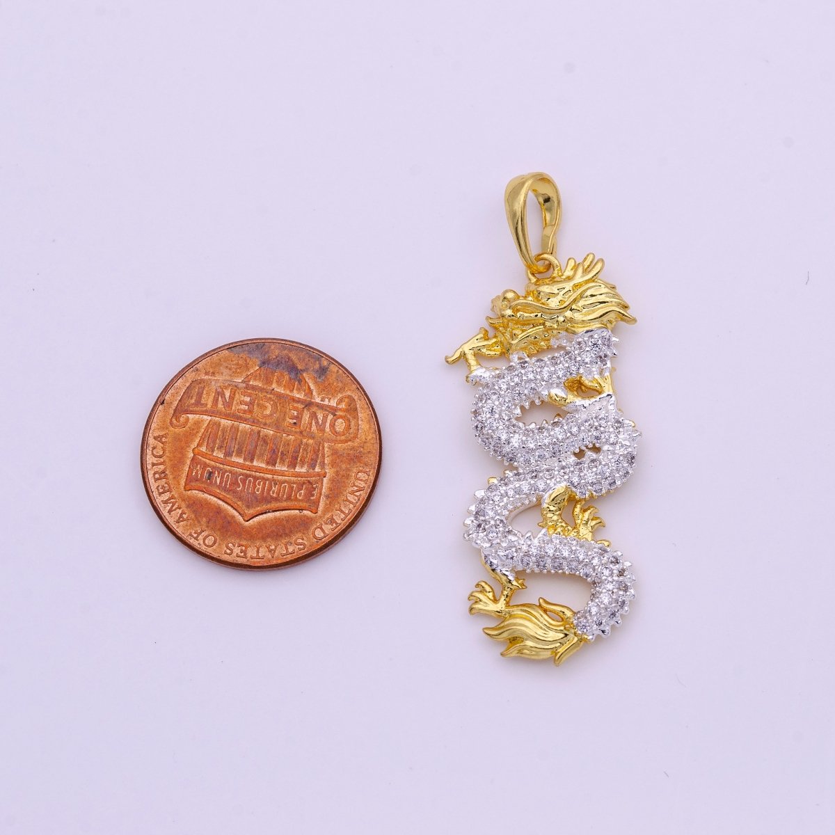 2tone Color Gold Silver Micro Paved CZ Chinese Dragon Mixed Metal Pendant I-619