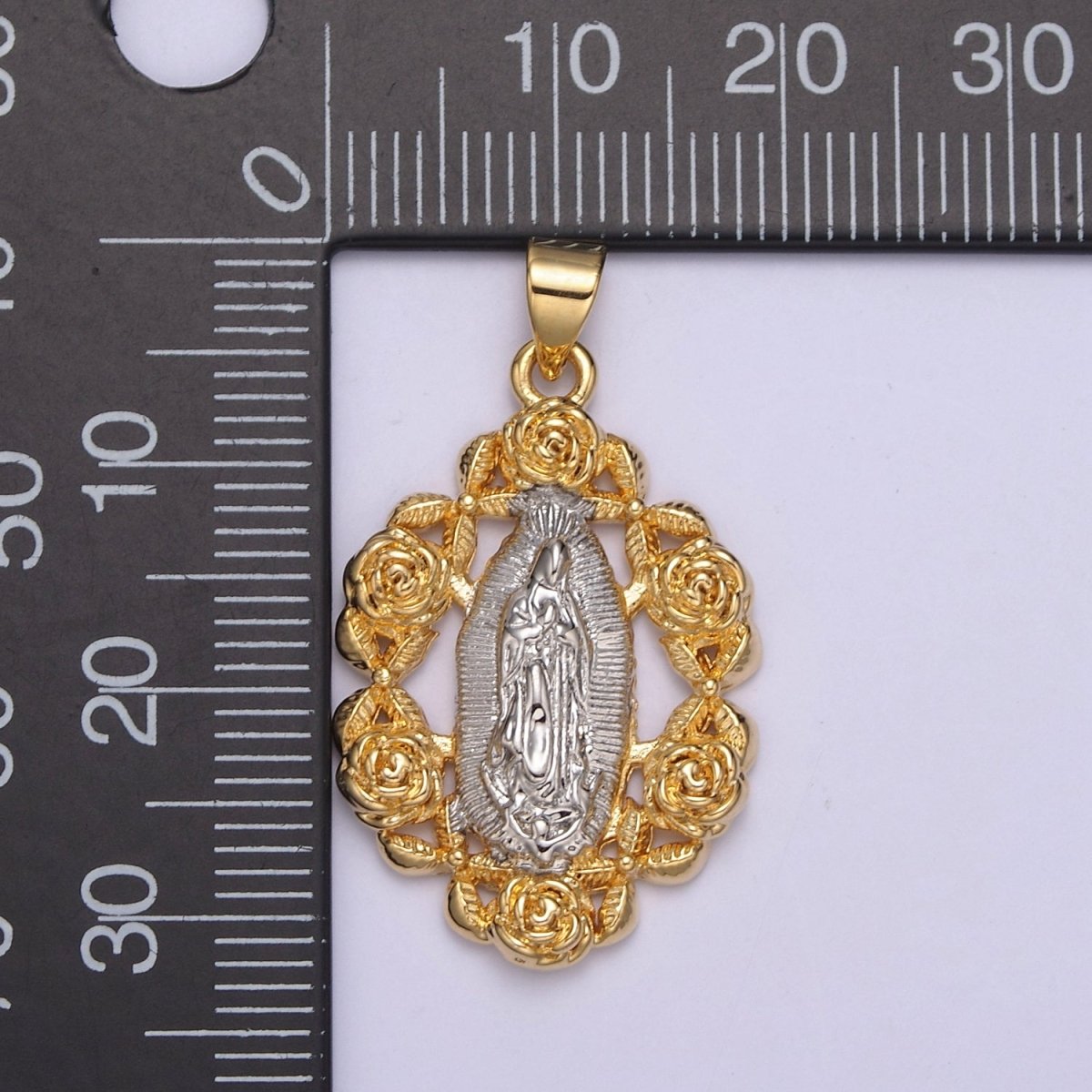 2Tone Gold Virgin Mary Our Lady Of Guadalupe Divine Mercy Rose Flower Medallion Pendant for Necklace Making Supply H-822