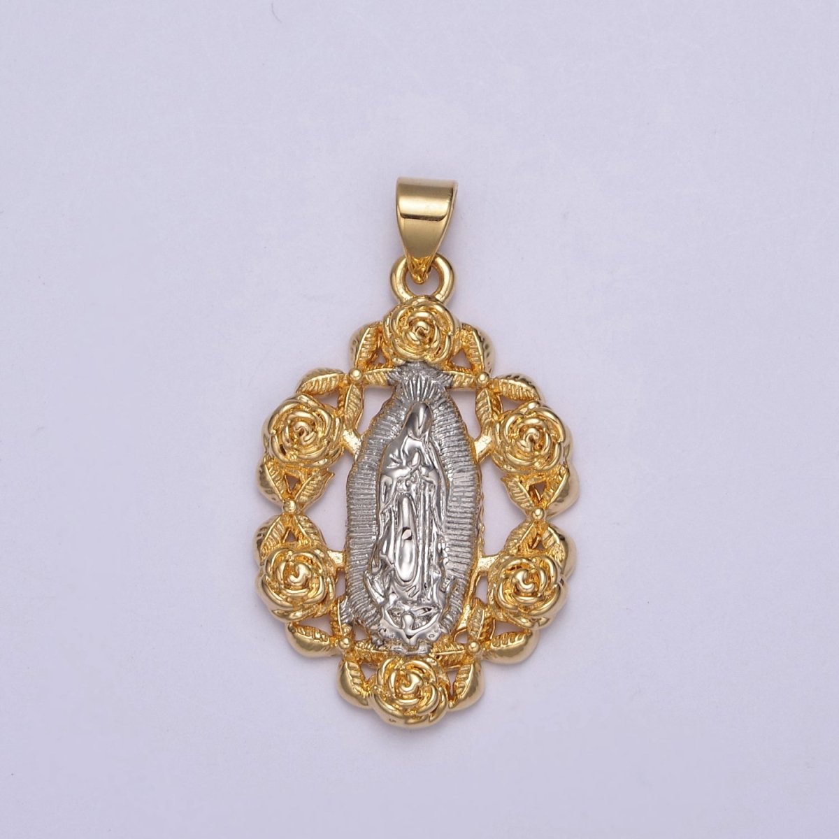 2Tone Gold Virgin Mary Our Lady Of Guadalupe Divine Mercy Rose Flower Medallion Pendant for Necklace Making Supply H-822