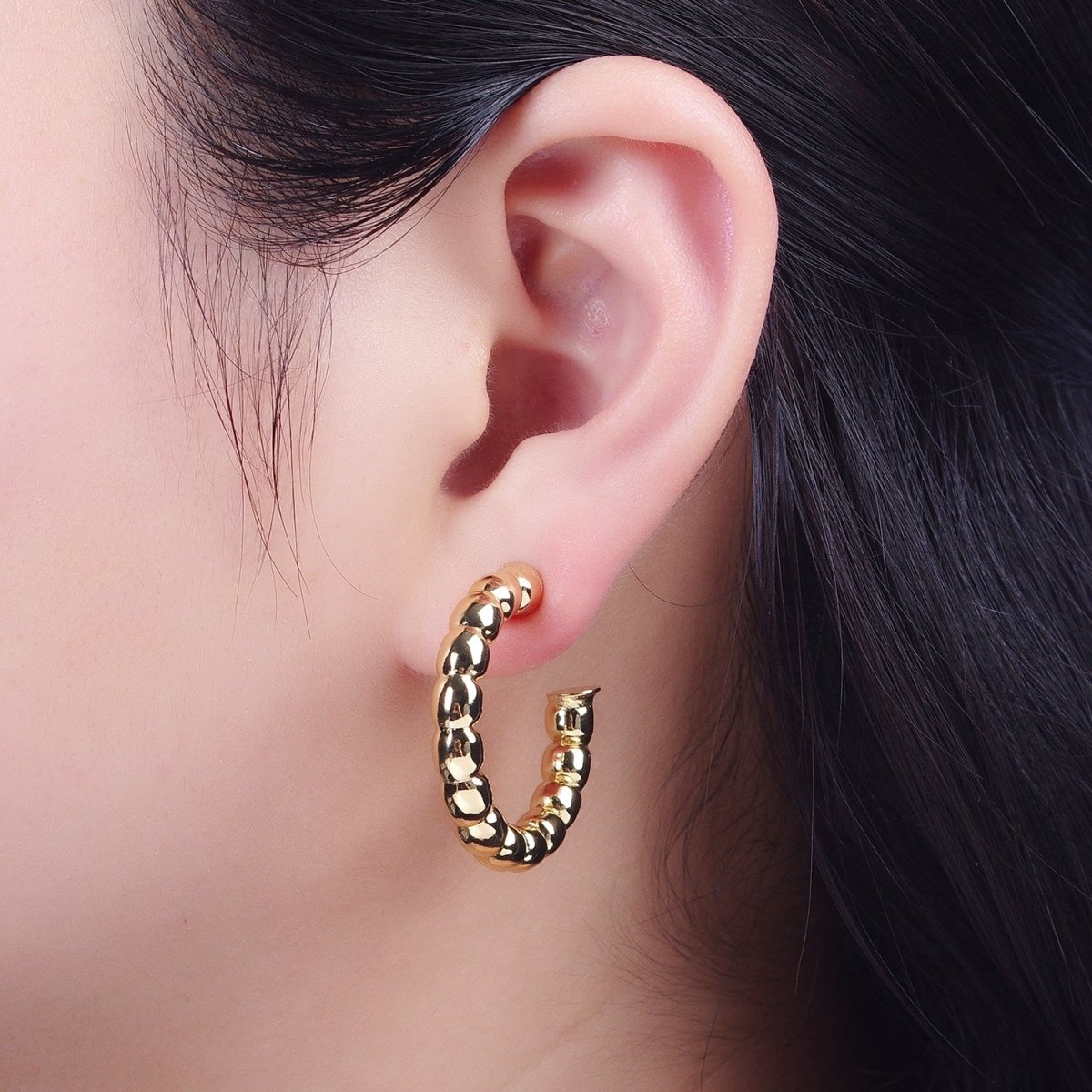 30.5mm Gold Beaded Stud Hoops Earrings T-022