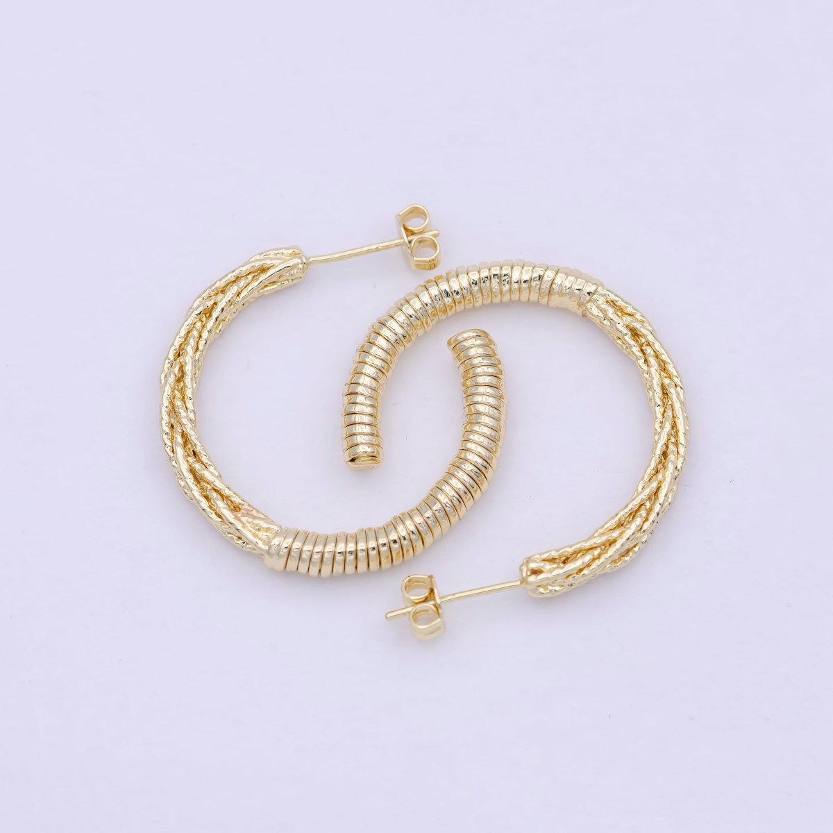 30mm Geometric Half Twisted Beaded Textured C-Shaped Hoop Earrings | Q-421