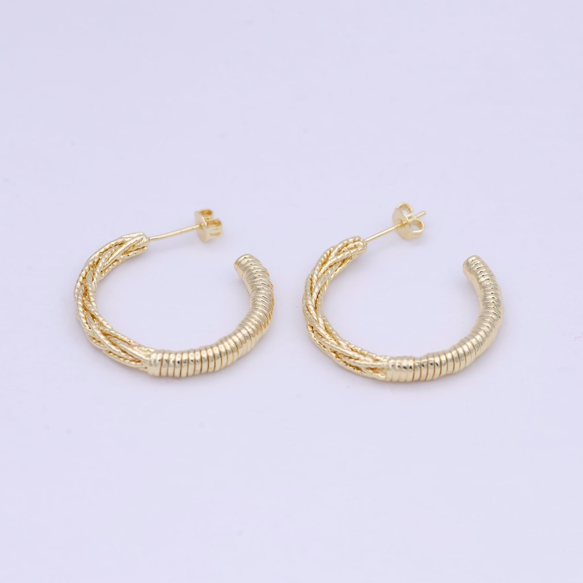 30mm Geometric Half Twisted Beaded Textured C-Shaped Hoop Earrings | Q-421