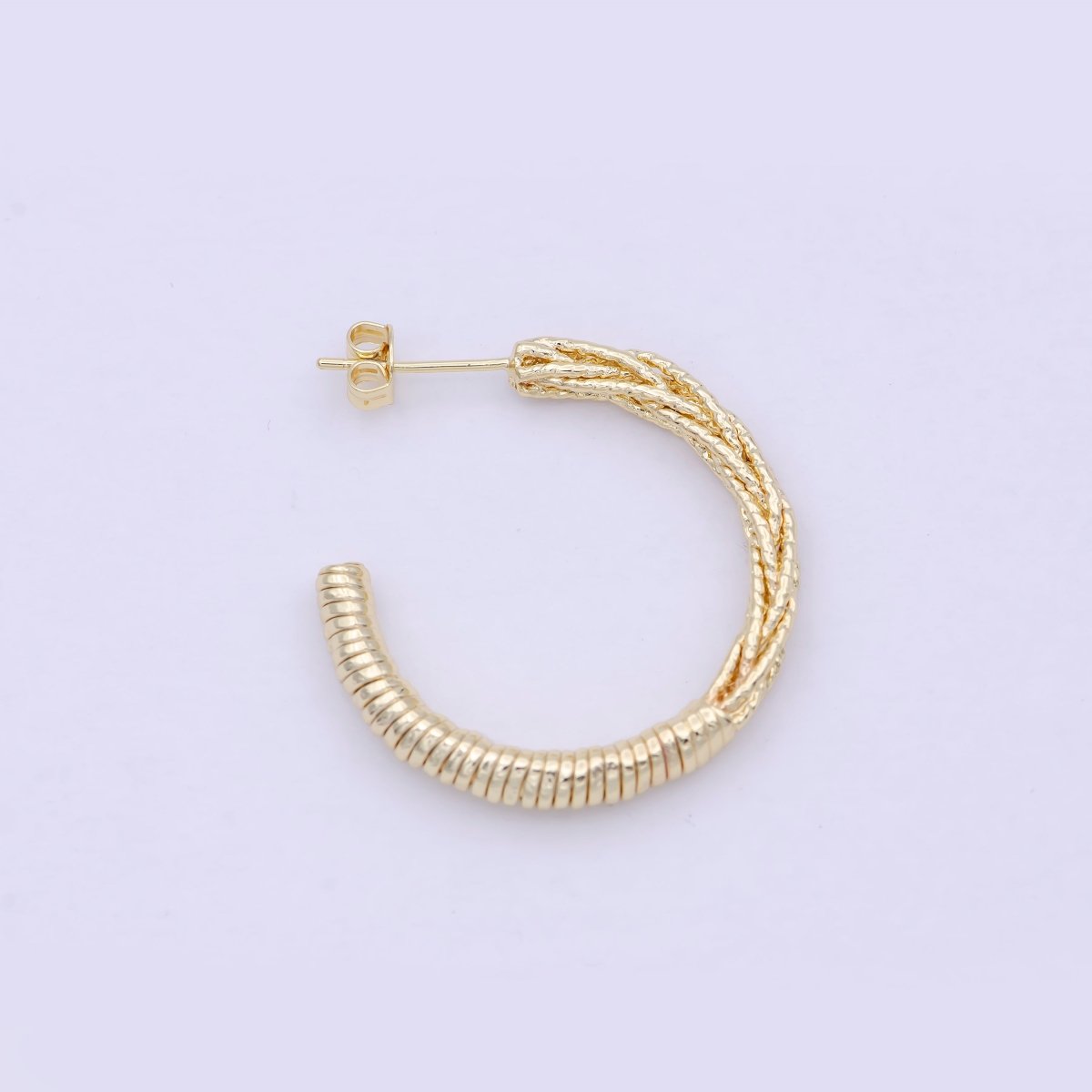 30mm Geometric Half Twisted Beaded Textured C-Shaped Hoop Earrings | Q-421