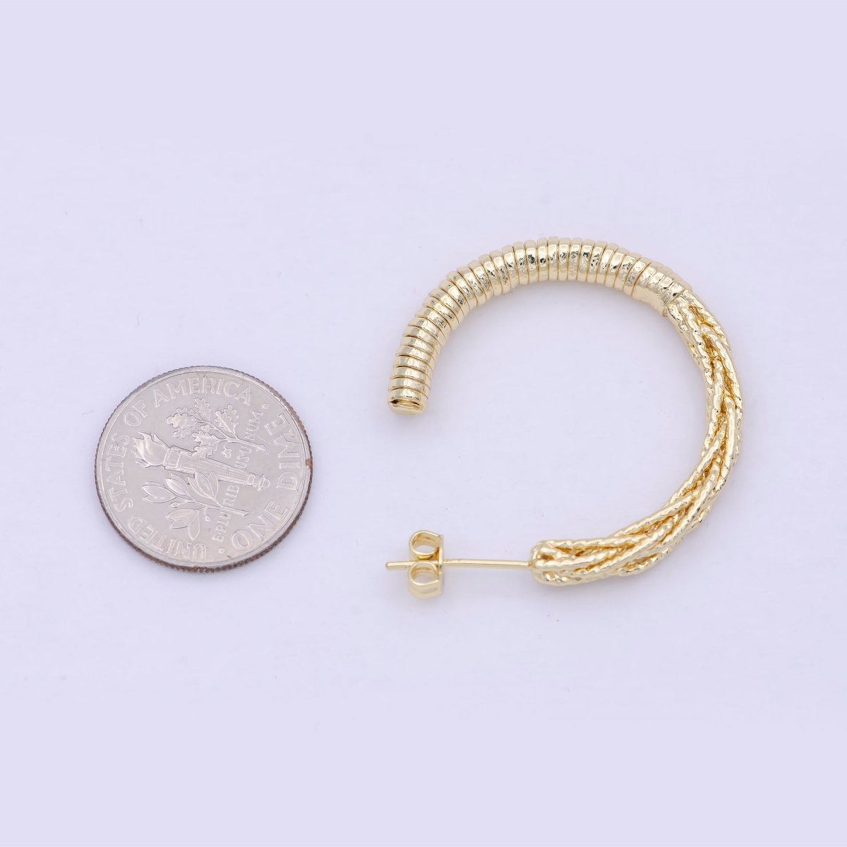 30mm Geometric Half Twisted Beaded Textured C-Shaped Hoop Earrings | Q-421