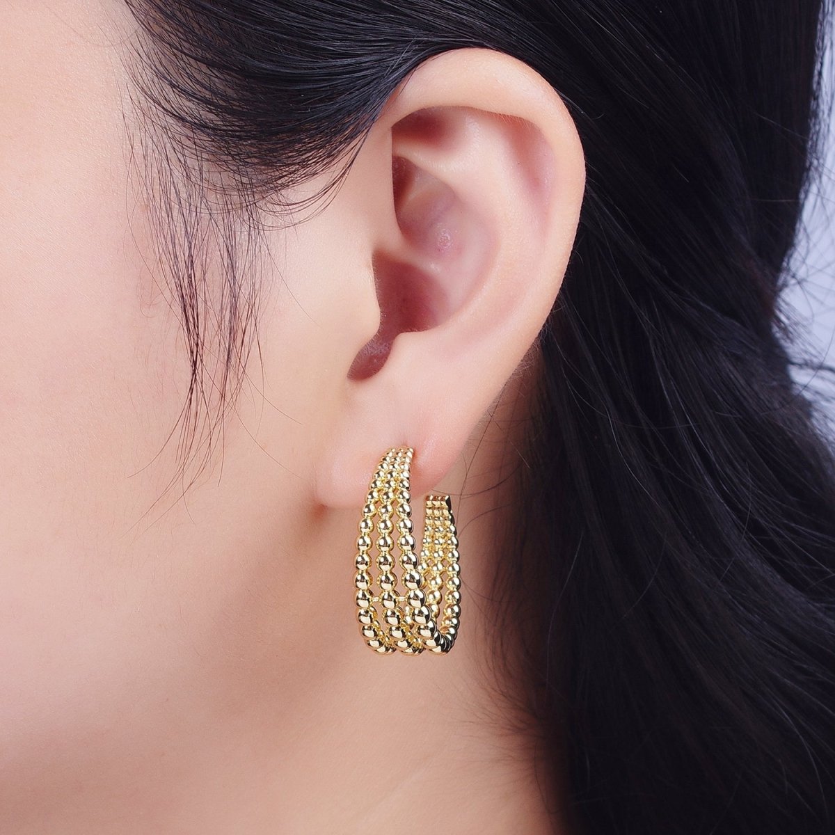 30mm Triple Round Beaded Bubble C-Shaped Hoop Earrings | AE534