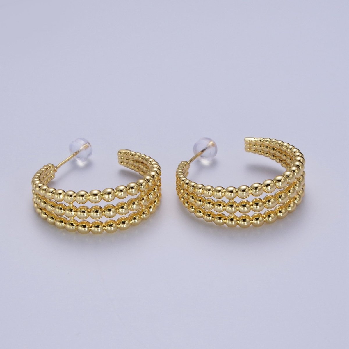 30mm Triple Round Beaded Bubble C-Shaped Hoop Earrings | AE534